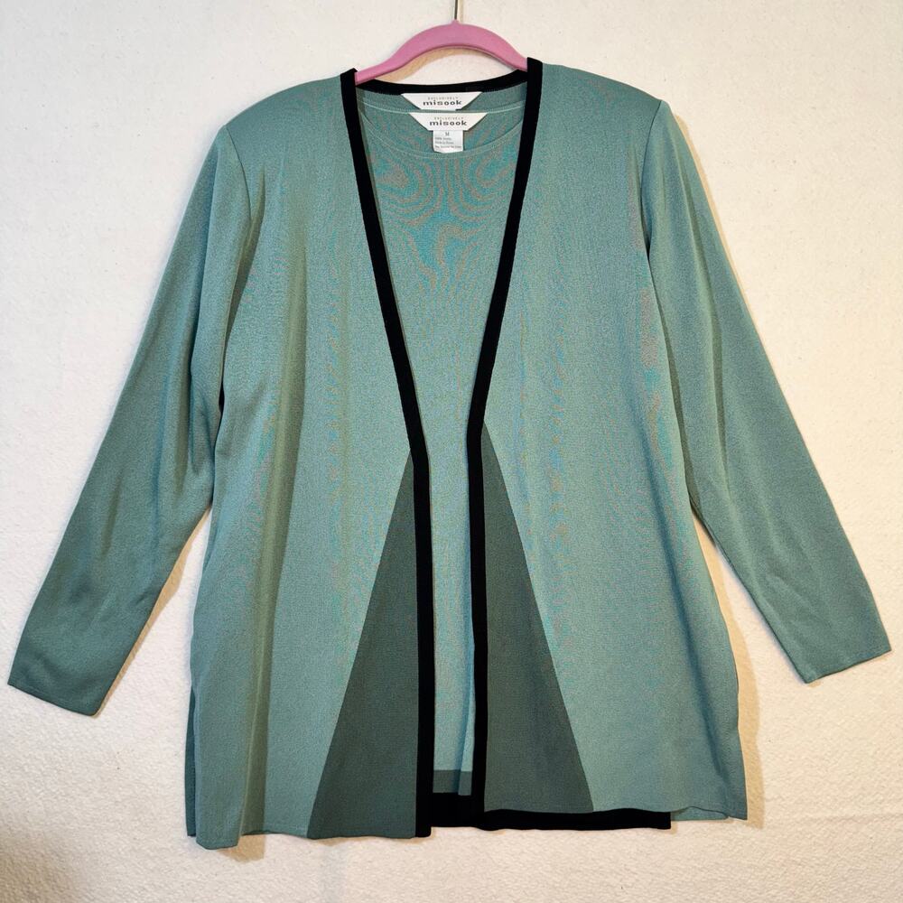 Misook Mint Green Knit Short Sleeve Shirt Open Front Cardigan Black Trim Medium
